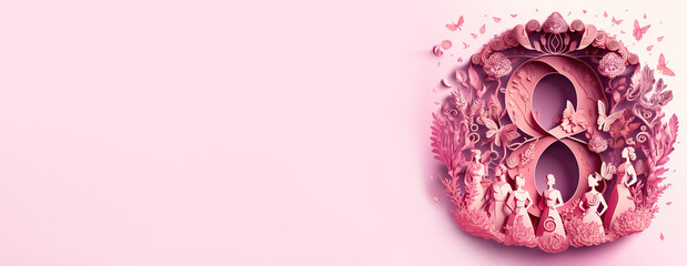 Number 8 in a Pink Floral Design. Premium Paper Cut Banner with Flowers and copy-space, to Celebrate International Woman's Day. Generative AI