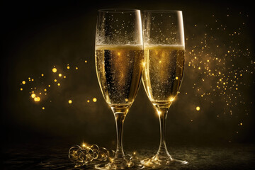 Two flutes of sparkling champagne, each filled to the brim with effervescent golden bubbles. Generative AI