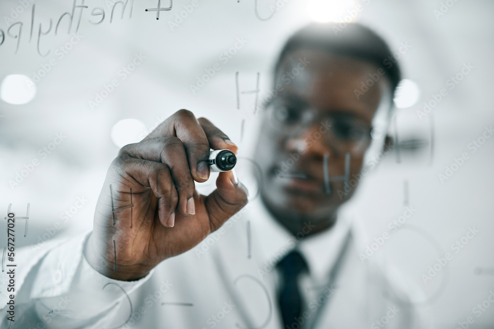 Wall mural science research, planning and black man scientist writing on glass board, strategy working in lab f