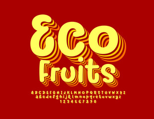 Vector creative Emblem Eco Fruits. Bright 3D Font. Funny calligraphic Alphabet Letters, Numbers and Symbols set