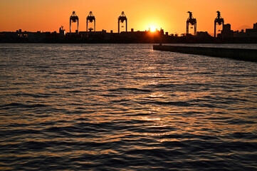 Gantry crane at sunset
