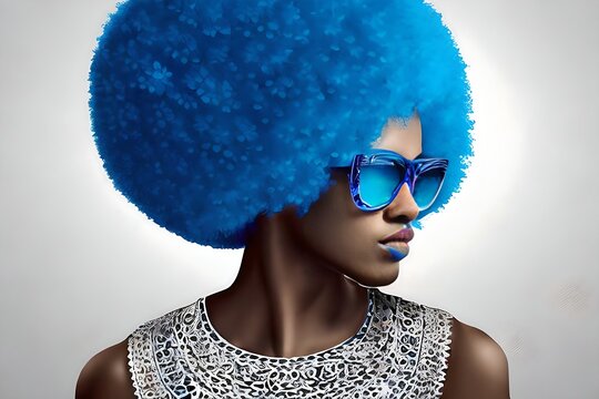 Stylized Portrait Of A Beautiful Black Woman With Blue Electric Long Hair. Generative Ai. 