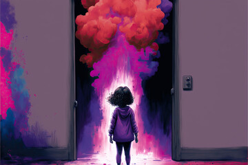 Illustration of little girl walking into open door with vibrant purple smoke coming out of it. concept of feminism, empowerment and gender equality. pastel colors. Space for text. - obrazy, fototapety, plakaty