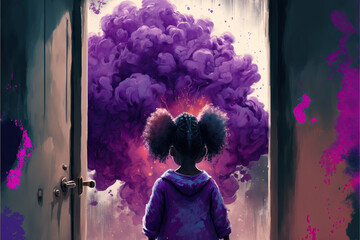 Illustration of little girl walking into open door with vibrant purple smoke coming out of it. concept of feminism, empowerment and gender equality. pastel colors. Space for text. - obrazy, fototapety, plakaty