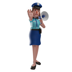    3D illustration. 3D Cartoon Illustration of Friendly Police Woman character holding a megaphone. showing palms forward. has an angry expression. 3D Cartoon Character