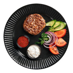 Portion of beef cutlet with sauces and vegetables