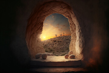 Empty tomb of Jesus with crosses in the background. Easter or Resurrection concept. Generative AI.