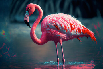 Fototapeta premium Close-up of a beautiful pink flamingo bird. Generative ai.
