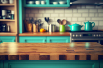 Wood table top with green plants on blur kitchen counter (room)background.