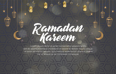 ramadan kareem 2023 banner with elegant islamic ornament and abstract gradient black and grey background design