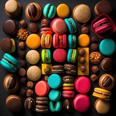 Fototapeta na wymiar macaroons knolling sorted by color french patisserie Generative AI
