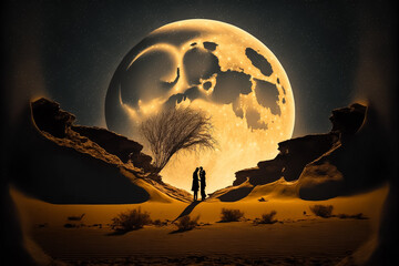 Fototapeta premium A romantic couple enjoying a date at a desert at night with a big full moon as background. Generative ai.