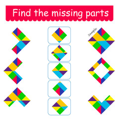 Mind game. Task for the development of logic for children. Find the missing pieces. Vector illustration