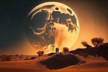A romantic couple enjoying a date at a desert at night with a big full moon as background. Generative ai.