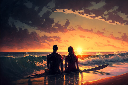 A romantic couple enjoys the sunset sat on a surf board in a beach in saint valentine's day. Generative ai. 