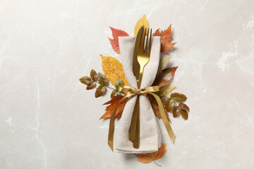 Concept of Thanksgiving day, Autumn table setting, top view