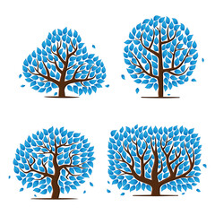 Abstract blue leaves tree silhouettes set