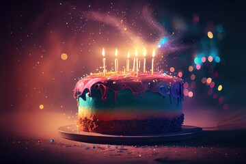 Birthday Cake Delicious Icing Frosting Colorful Whimsical with Lit Candles and Sparklers in Background Image