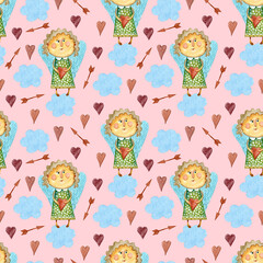 Seamless pattern on a pink   background, watercolor illustration with a cartoon girl. Suitable for Birthday and Valentine's Day.