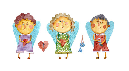Watercolor illustration of cartoon boys and girls. Isolated on a white background, suitable for birthday and Valentine's day.