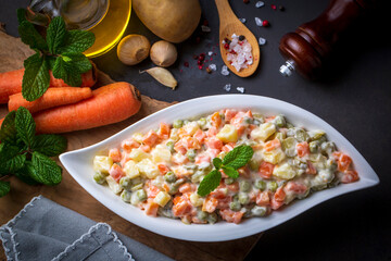 Russian salad Olivier with mayonnaise and egg served (Turkish name; Rus salatasi)