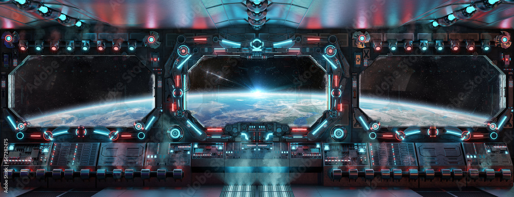 Aufkleber Dark spaceship interior with glowing blue and red lights. Futuristic spacecraft with large window view on planet Earth. 3D rendering