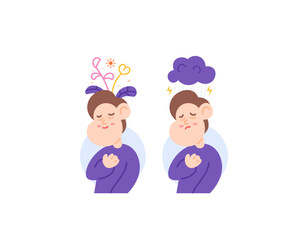 mental health. happiness and sadness. a man who feels peace and a man who feels anxious. flower grow in head and cloudy head. positive thoughts and negative thoughts. illustration concept design