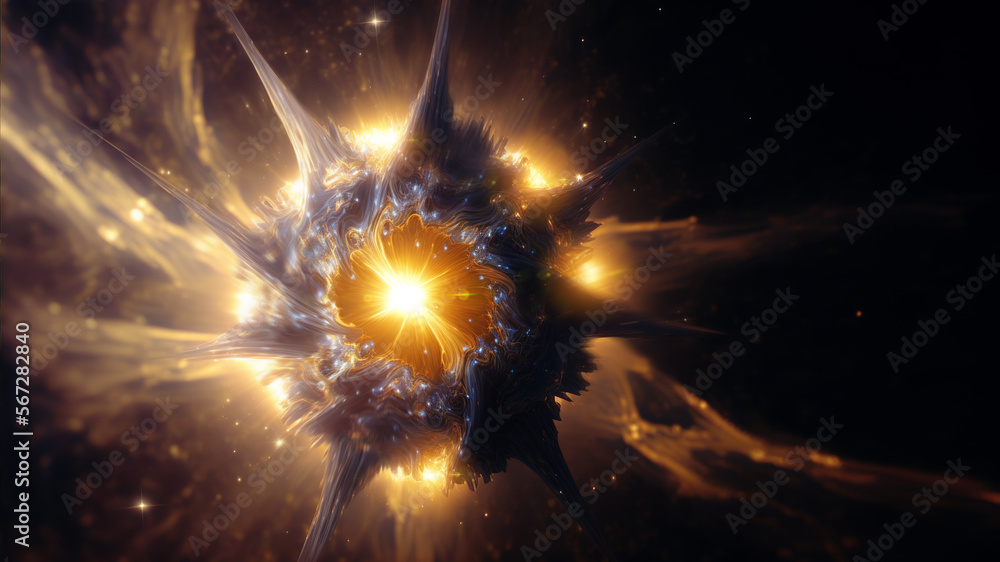 Poster View of the birth of a star in space during a nebula explosion. Nuclear fusion of cosmic clouds of gas and dusts. Universe background. Generative ai