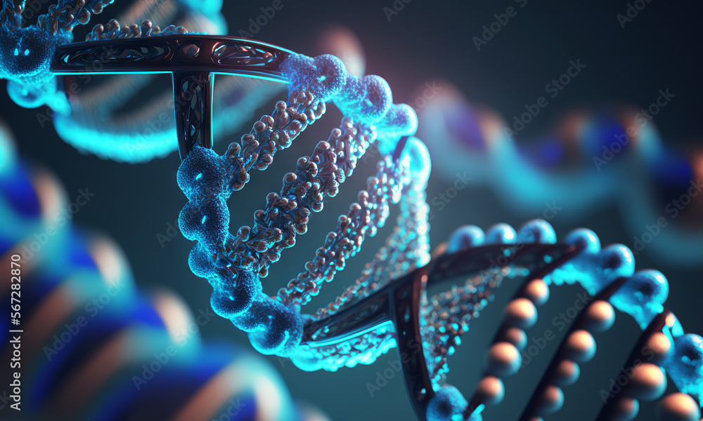 Aufkleber Concept of the evolution of human DNA in the distant future. View under the microscope. Blue helix background close-up. Generative ai
