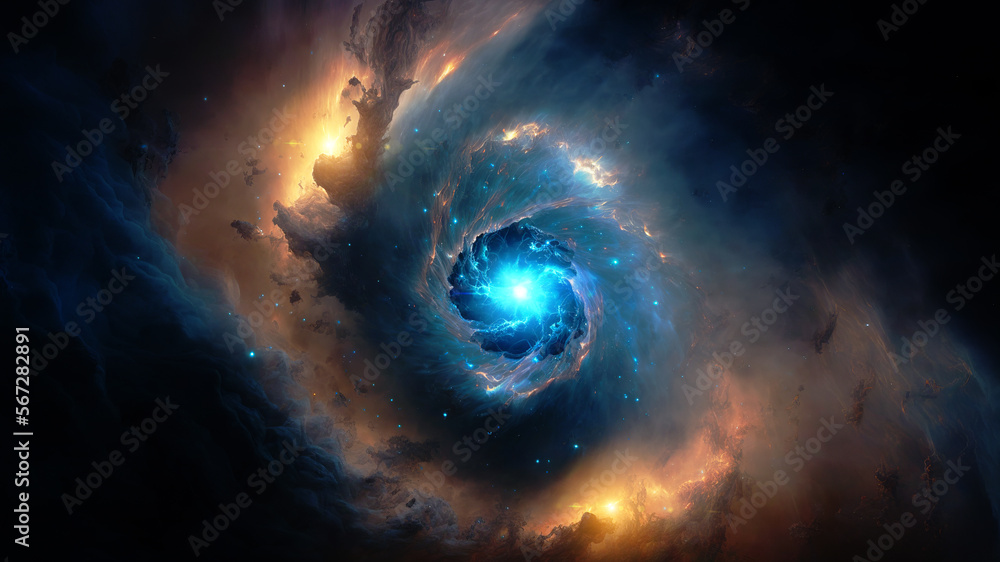 Aufkleber Birth of a star in space during a nebula explosion. Nuclear fusion of cosmic clouds of gas and dusts spinning. Universe background. Generative ai