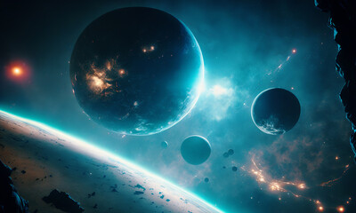 Obraz na płótnie Canvas Space planets background. Distant planetscape in cosmos with exoplanets. Concept art Generative ai