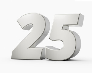 Silver 3d numbers 25 Twenty Five. Isolated white background 3d illustration
