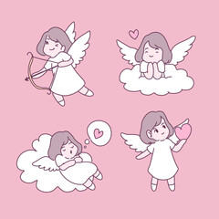 Collection of big isolated hand drawn love elements set in Valentine concept, fairy in love, flat Vector illustration for Valentine's day invitation cards and page decoration