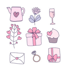 Collection of big isolated hand drawn love elements set in Valentine concept, flat Vector illustration for Valentine's day invitation cards and page decoration