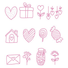 Collection of big isolated hand drawn love elements set in Valentine concept, flat Vector illustration for Valentine's day invitation cards and page decoration