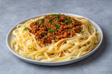 Spaghetti with minced meat in tomato sauce, pasta with noodles. Turkish noodle pasta.