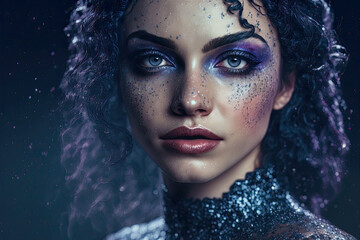 Stunning Girl with Blue Make-Up. Generative AI, non-existent person.	