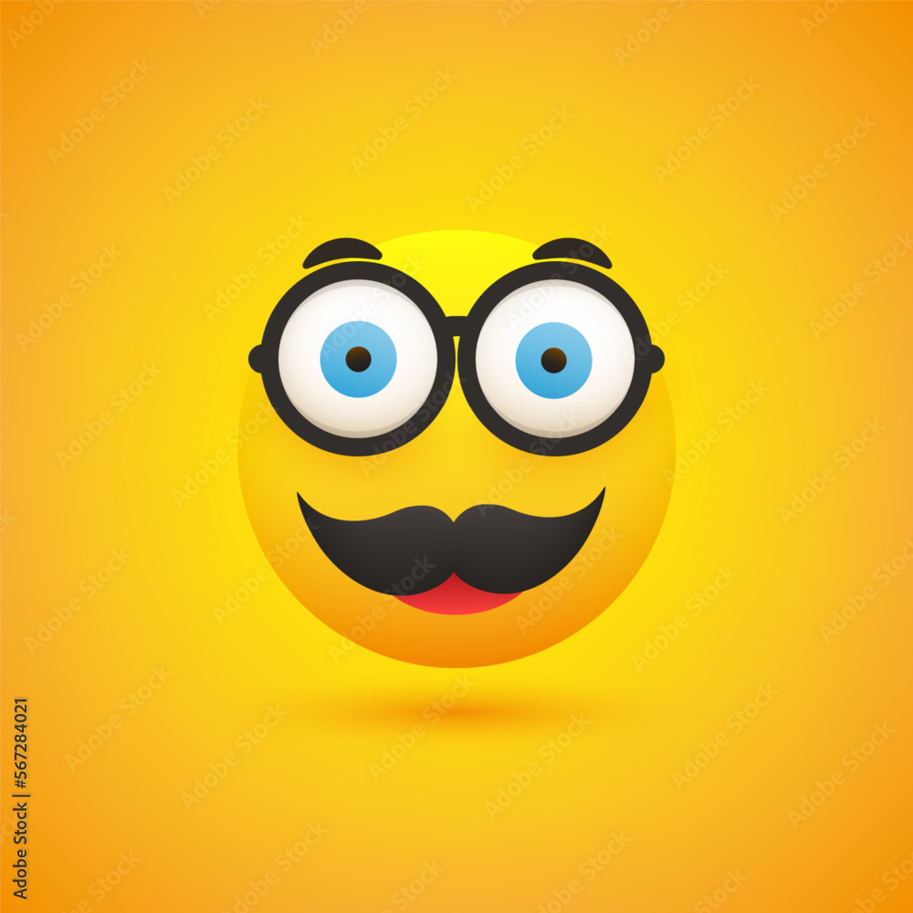 Poster smiling emoji - simple happy male emoticon with glasses and mustache on yellow background - vector d