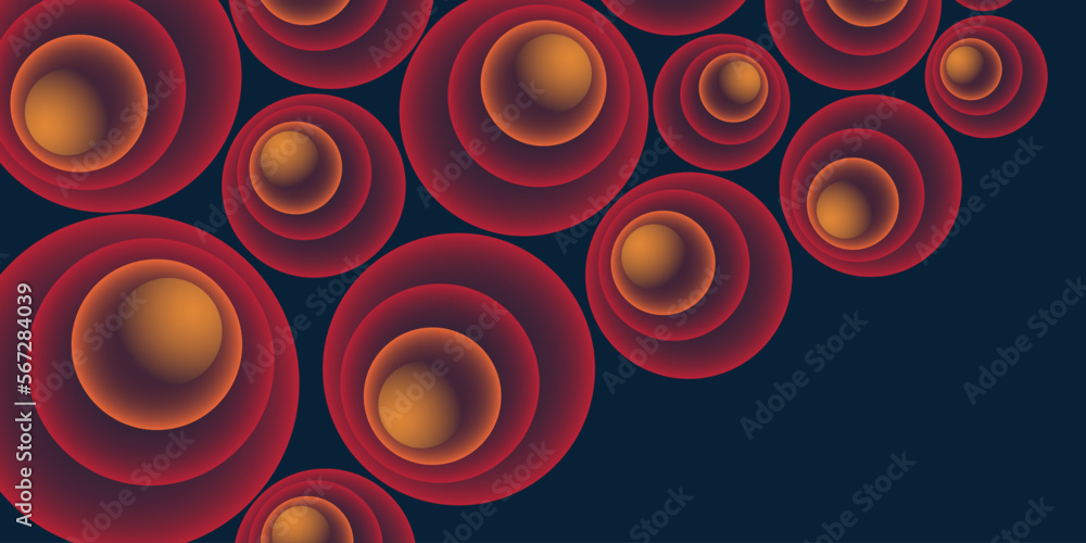 Poster Lots of Abstract Red and Brown 3D Spiralling Funnels, Many Concentric Circles of Various Sizes Pattern - Perspective View, Colorful Spheres Design on Dark Background, Technology Vector Illustration