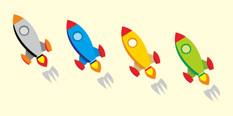 Rockets doodle set with icons and design elements. Rocket sign. Colorfull set