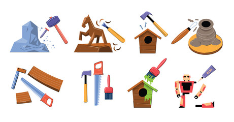 set of woodworker tools hobby vector illustration	
