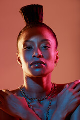 Portrait, face and makeup with a model black woman in studio on a neon background for beauty. Art,...