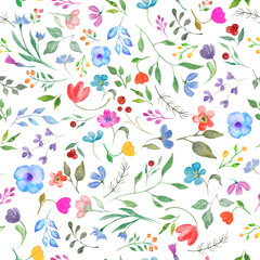 Watercolor floral  seamless pattern with flowers. Hand drawn illustration isolated on white background.