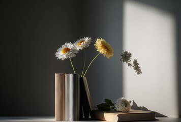 Flower books, still life, soft light. Generative AI.
