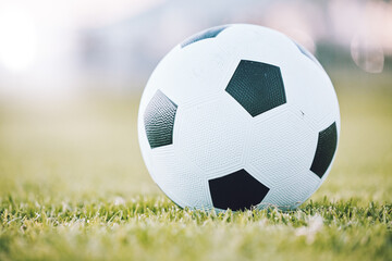 Soccer, ball and field for sports game time or match start in athletics or football tournament in...