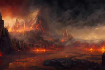 Muspelheim realm of the fire with volcano and magma. Fantasy nordic mythology and viking mythology. Generative AI - obrazy, fototapety, plakaty