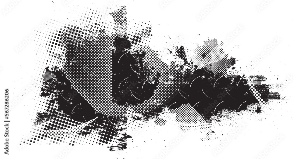 Poster Glitch distorted grungy banner . Noise destroyed background . Trendy defect   . Glitched collage .Grunge textured . Distressed effect .Vector shape.  halftone dots . Screen print texture