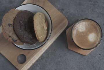 Stacking cookies with espresso coffee and garnish coffee beans, Flat Lay, Closeup