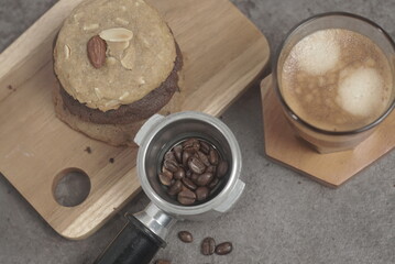 Stacking cookies with espresso coffee and garnish coffee beans, Flat Lay, Closeup