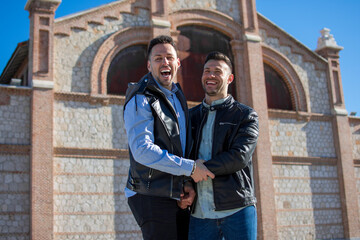 Fototapeta na wymiar A portrait of happy gay couple outdoors 
